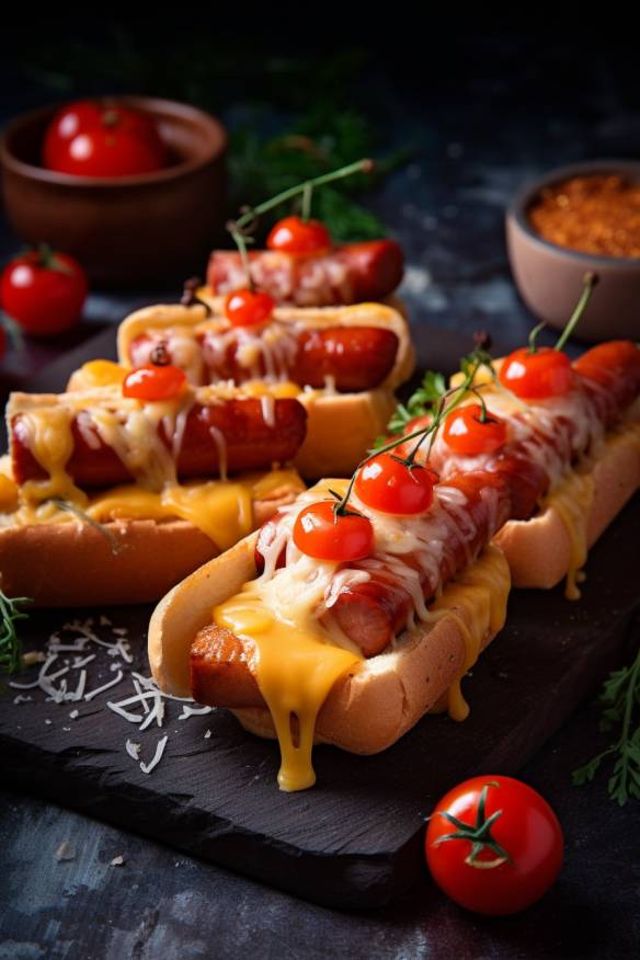 Hot Dog Fingerfood mit Würstchen und Käse.