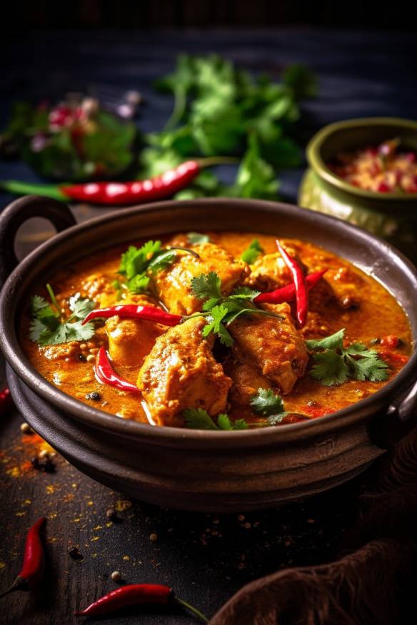 Indisches Hähnchen-Curry in einer Schüssel serviert.