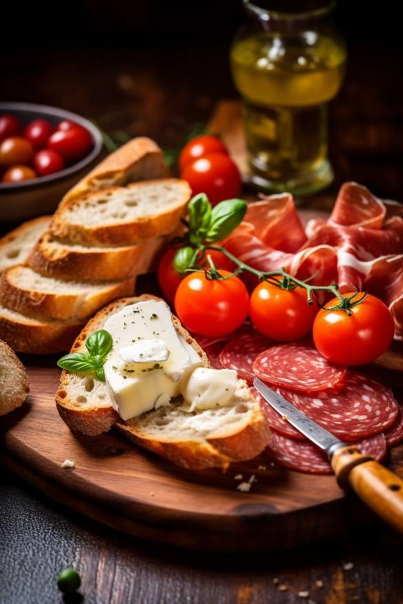 Italienisches Fingerfood mit Baguette, Tomaten, Mozzarella und Salami