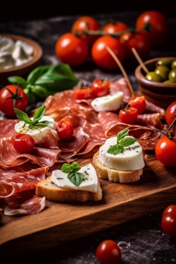 Italienisches Fingerfood mit Baguette, Tomaten, Mozzarella und Salami