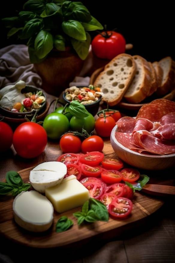 Italienisches Fingerfood mit Baguette, Tomaten, Mozzarella und Salami