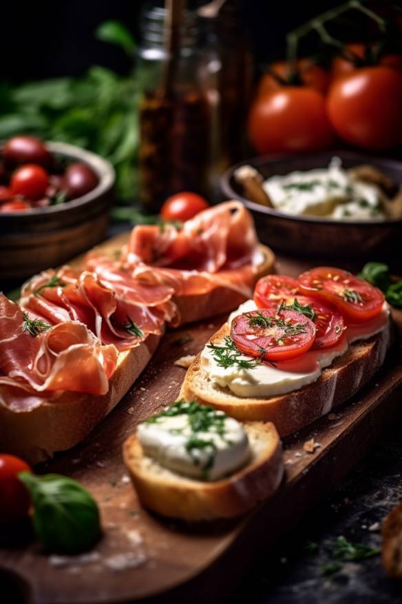 Italienisches Fingerfood mit Baguette, Tomaten, Mozzarella und Salami