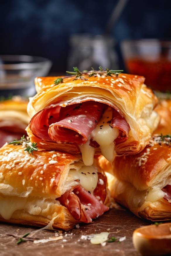 Italienische Party Snacks mit Blätterteig, Salami und Mozzarella.