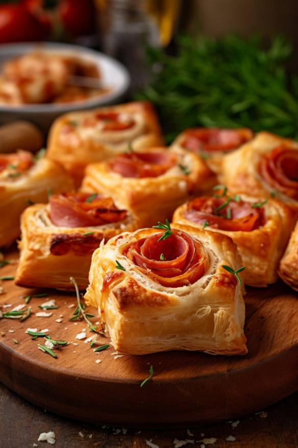 Italienische Party Snacks mit Blätterteig, Salami und Mozzarella.