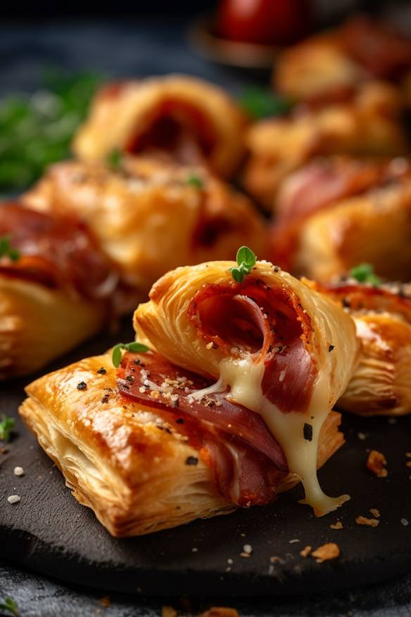 Italienische Party Snacks mit Blätterteig, Salami und Mozzarella.