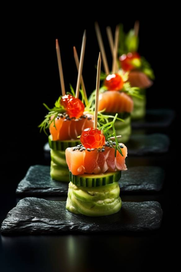 Japanisches Fingerfood mit Gurke, Avocado und Lachs