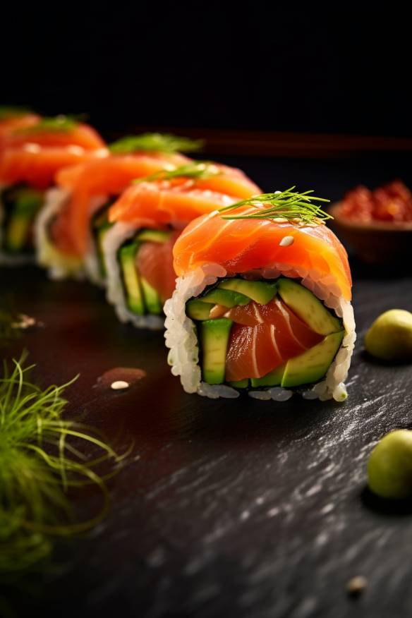 Japanisches Fingerfood mit Gurke, Avocado und Lachs