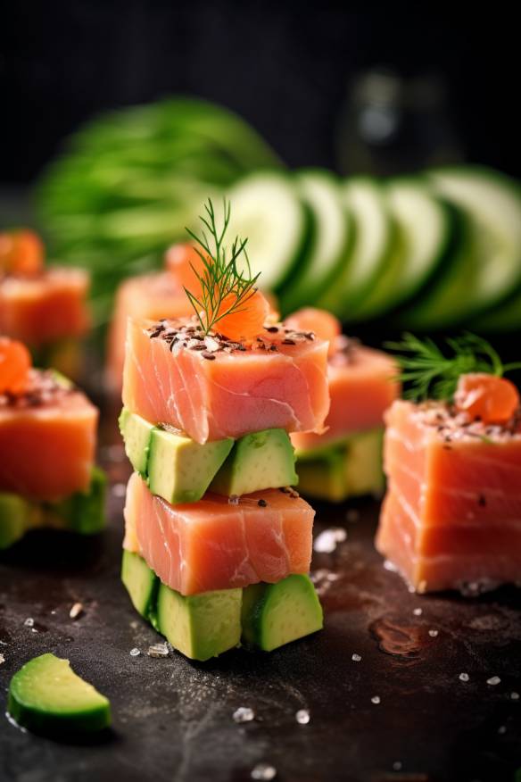 Japanisches Fingerfood mit Gurke, Avocado und Lachs