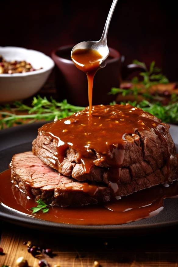 Saftiger Sauerbraten mit leckerer Soße auf einem Teller angerichtet.