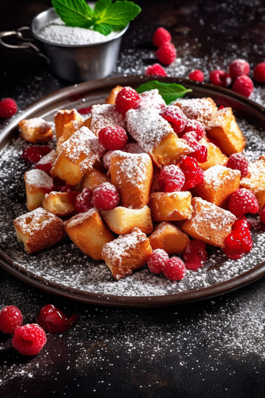 Kaiserschmarren auf einem Teller mit Puderzucker bestreut.