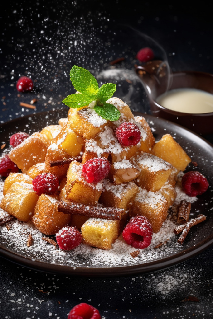 Kaiserschmarren auf einem Teller mit Puderzucker bestreut.