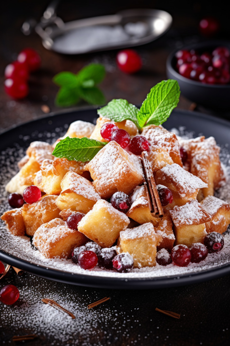 Kaiserschmarren auf einem Teller mit Puderzucker bestreut.