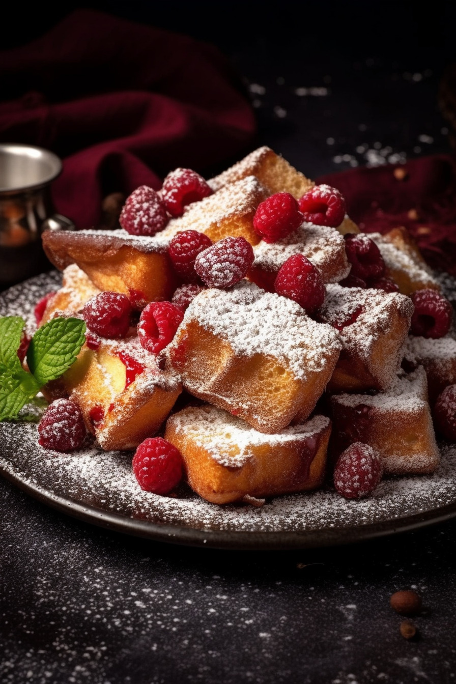 Kaiserschmarren auf einem Teller mit Puderzucker bestreut.