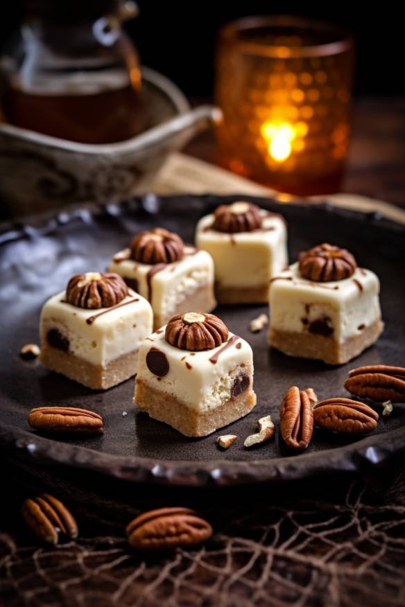 Lebkuchen-Cheesecake-Bites auf einem Teller angerichtet.