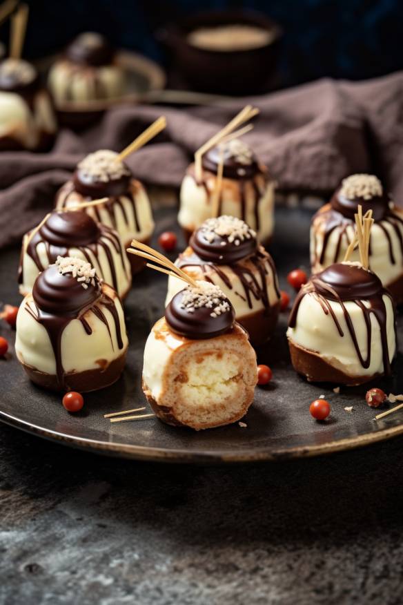 Lebkuchen-Cheesecake-Bites auf einem Teller angerichtet.