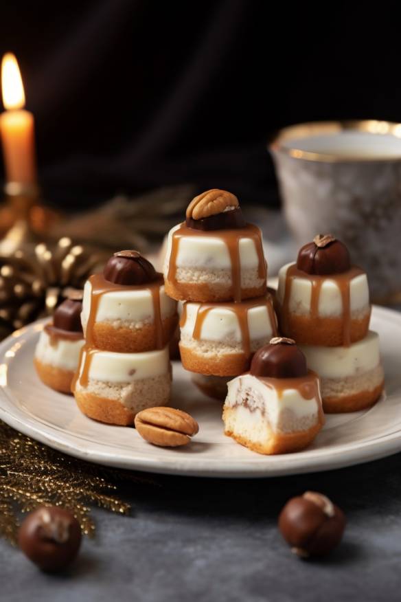 Lebkuchen-Cheesecake-Bites auf einem Teller angerichtet.