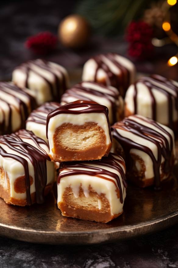 Lebkuchen-Cheesecake-Bites auf einem Teller angerichtet.