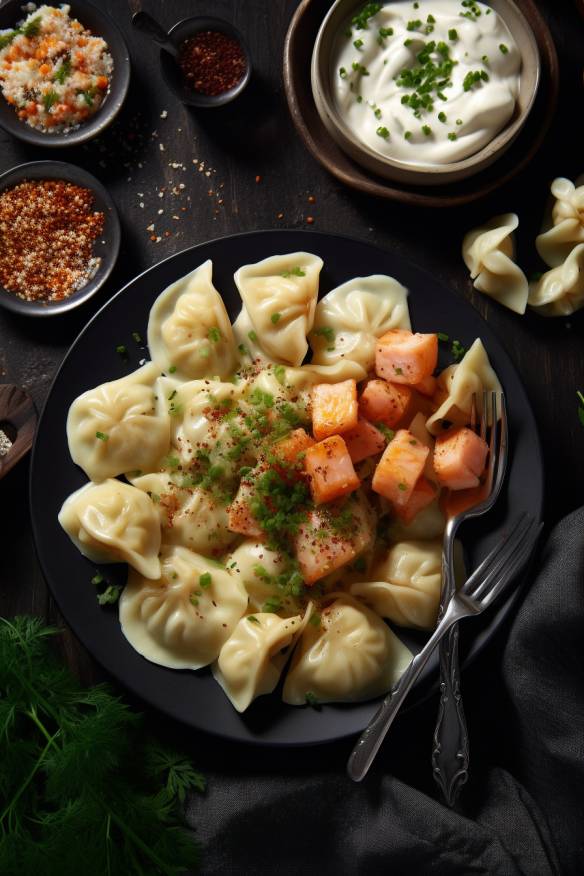 Maultaschen-Spieße mit Kartoffelsalat.