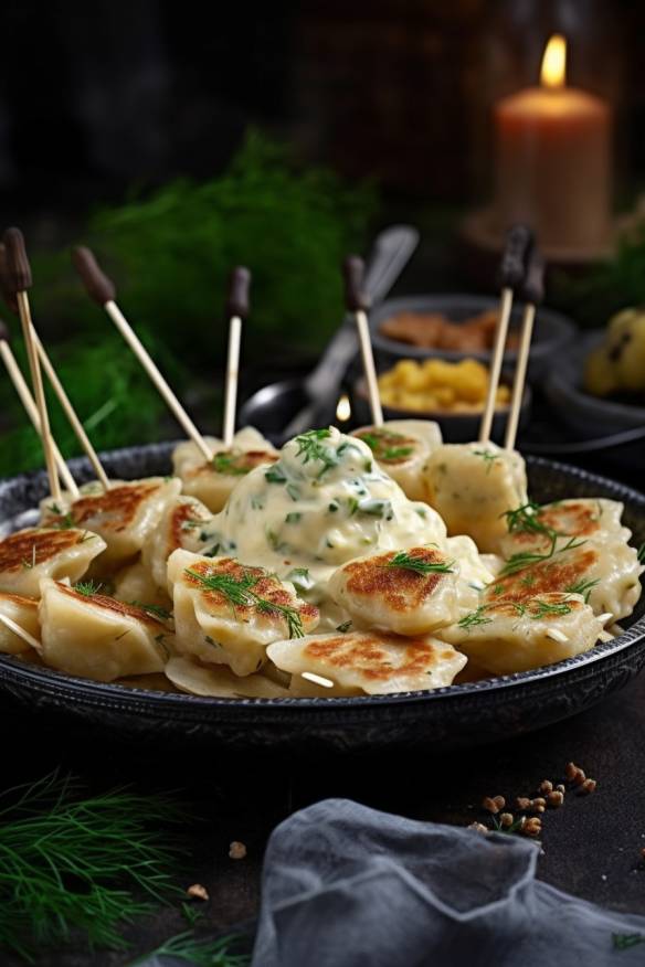 Maultaschen-Spieße mit Kartoffelsalat.