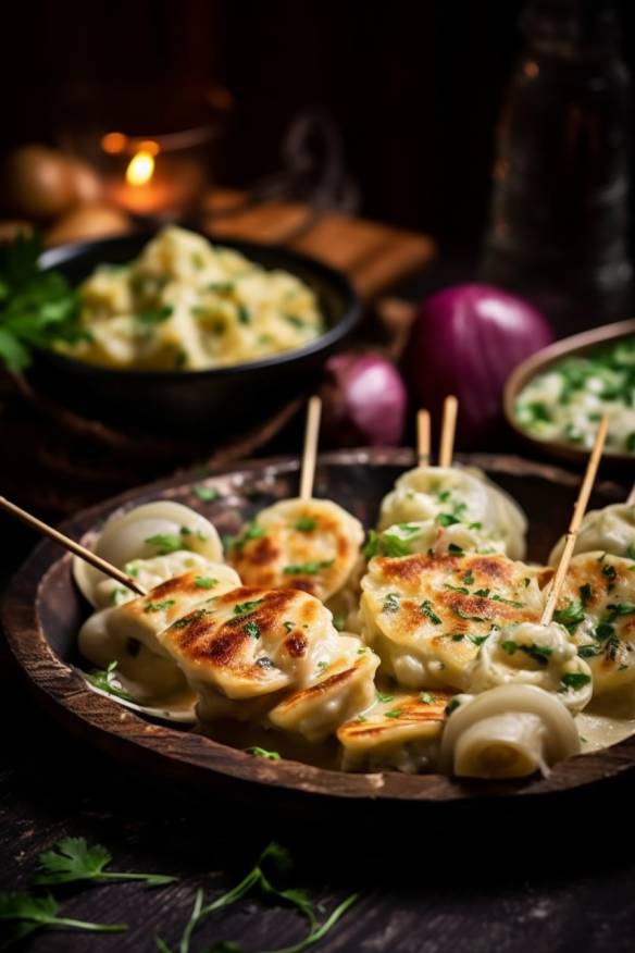 Maultaschen-Spieße mit Kartoffelsalat.