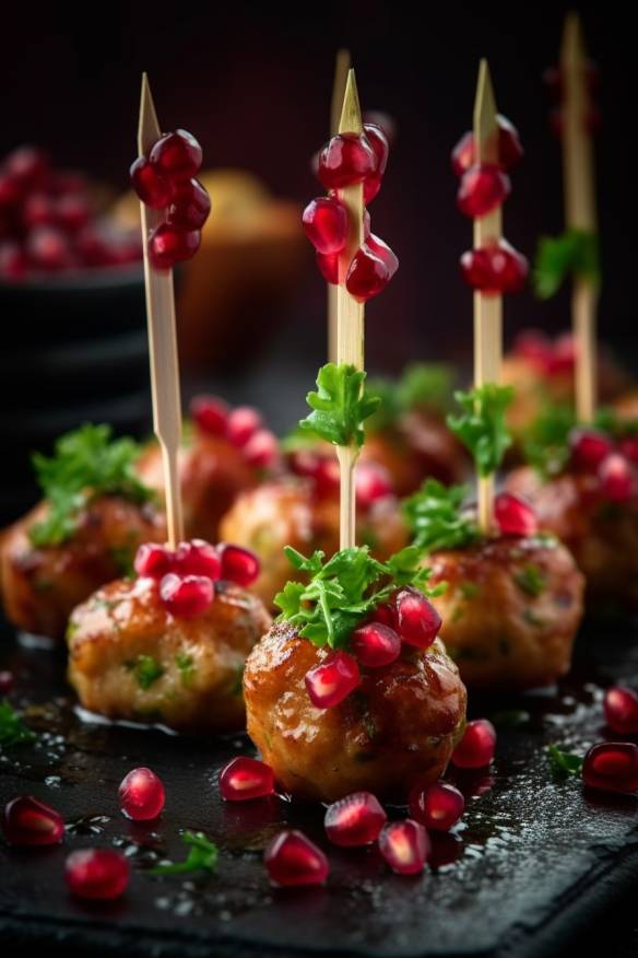 Köttbullar am Spieß mit Preiselbeeren und Gurke.