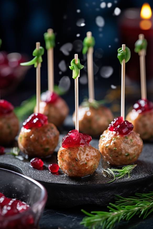 Köttbullar am Spieß mit Preiselbeeren und Gurke.