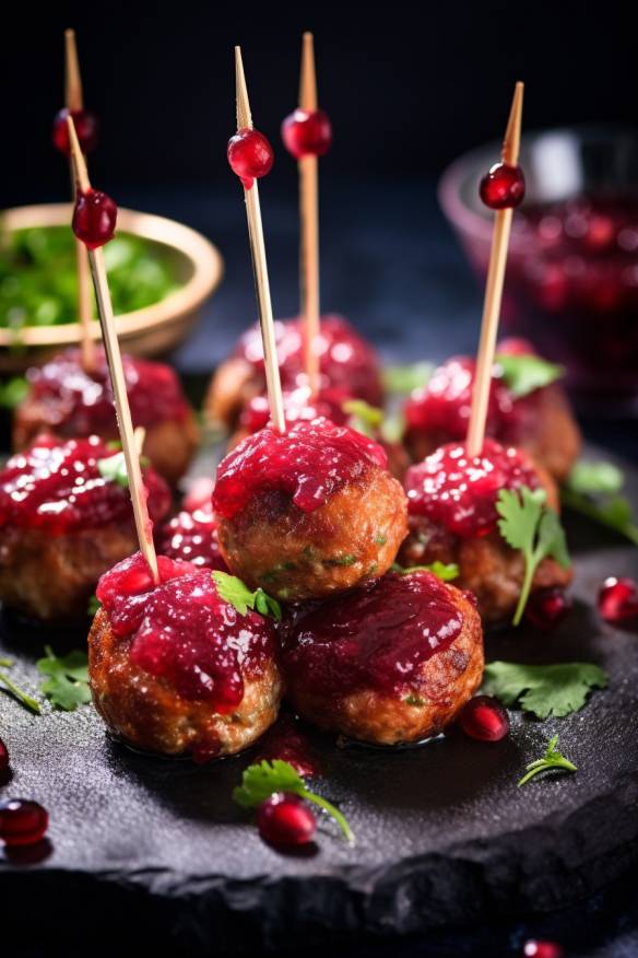 Köttbullar am Spieß mit Preiselbeeren und Gurke.