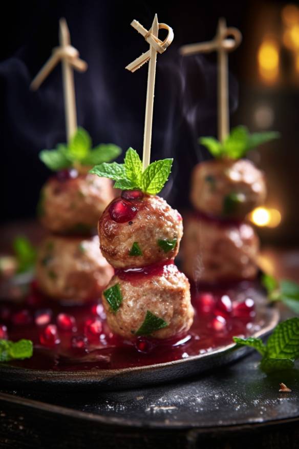 Köttbullar am Spieß mit Preiselbeeren und Gurke.