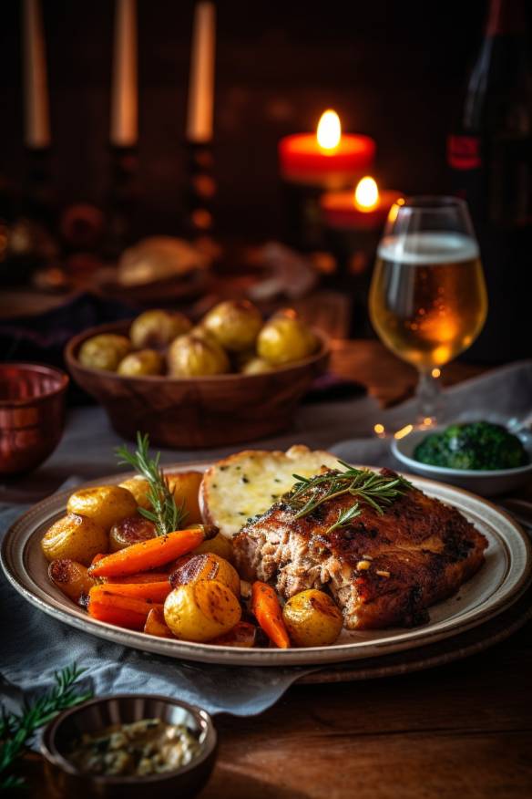 Mittelalterlicher Schweinebraten mit Wurzelgemüse und Biersauce