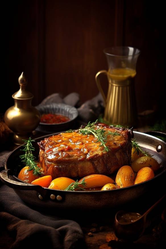 Mittelalterlicher Schweinebraten mit Wurzelgemüse und Biersauce