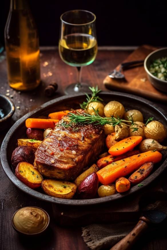 Mittelalterlicher Schweinebraten mit Wurzelgemüse und Biersauce