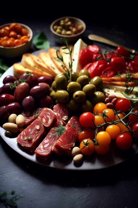 Mediterrane Antipasti auf einer Platte angerichtet.