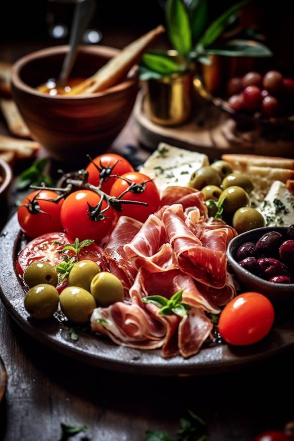 Mediterrane Antipasti-Platte auf einem Teller angerichtet.