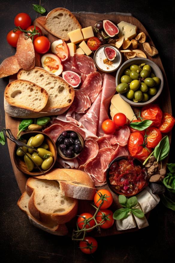 Mediterrane Antipasti-Platte mit Baguette.