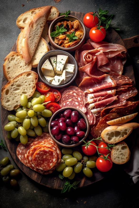 Mediterrane Antipasti-Platte mit Baguette.