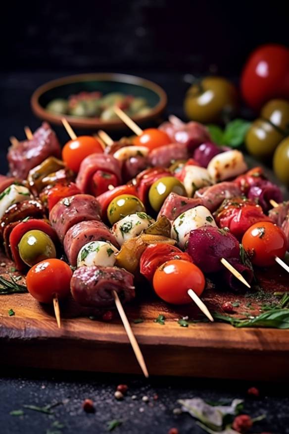 Mediterrane Antipasti-Spießchen - Fingerfood kalt zum Vorbereiten am Vortag