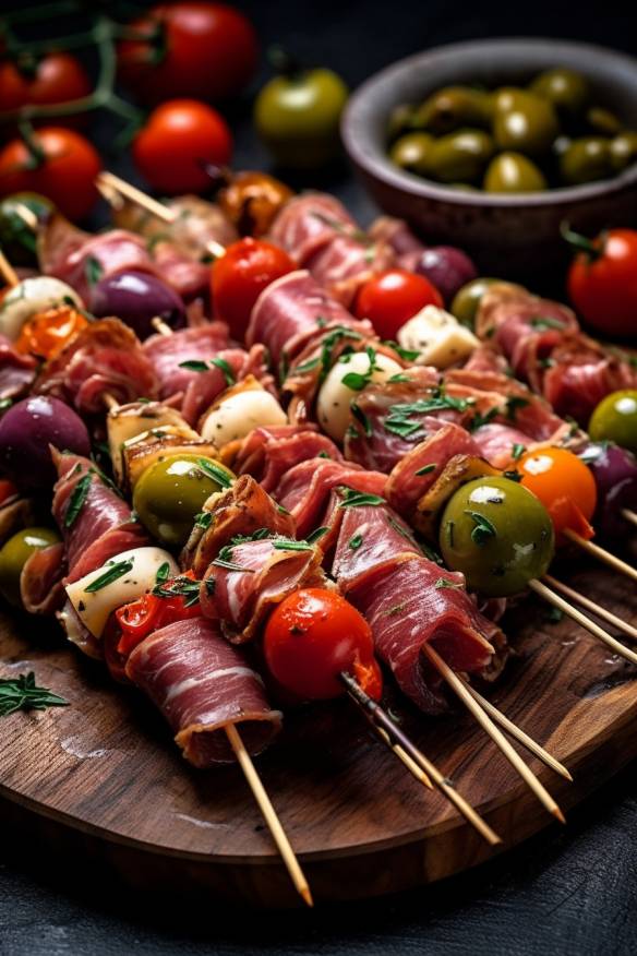 Mediterranes Antipasti-Spießchen - Perfektes Fingerfood, das man einen Tag vorher zubereiten kann