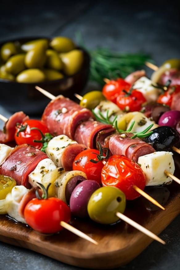 Mediterranes Antipasti-Spießchen - Perfektes Fingerfood, das man einen Tag vorher zubereiten kann