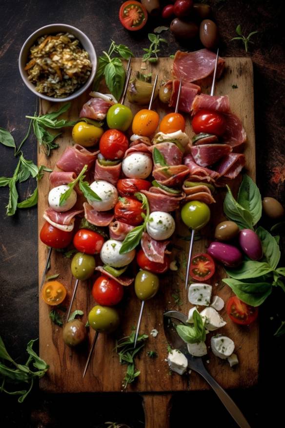 Mediterranes Antipasti-Spießchen - Perfektes Fingerfood, das man einen Tag vorher zubereiten kann