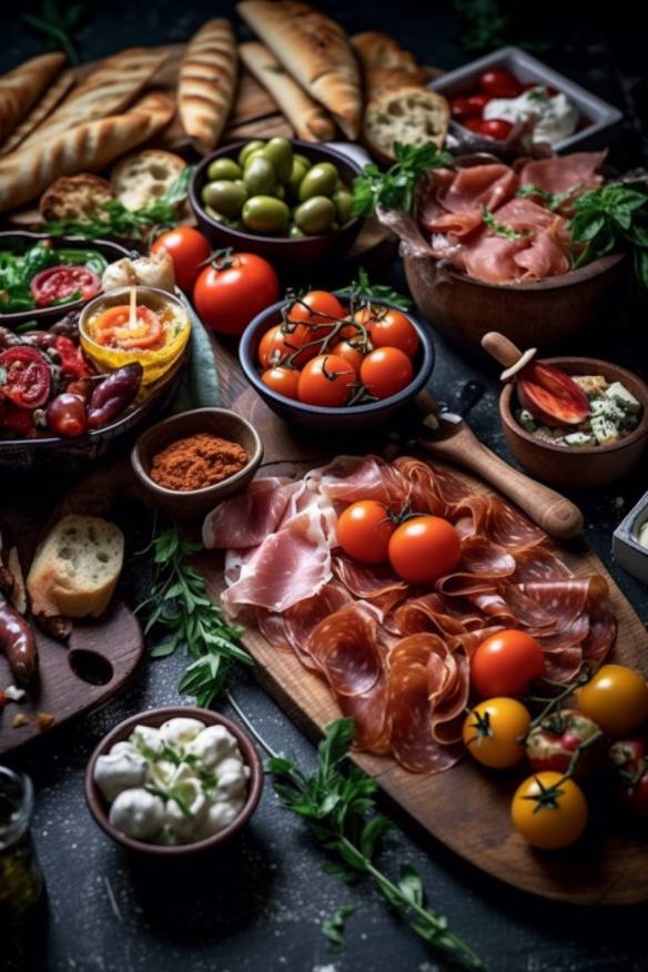 Mediterrane Aperitif-Häppchen mit verschiedenen kalten Snacks.