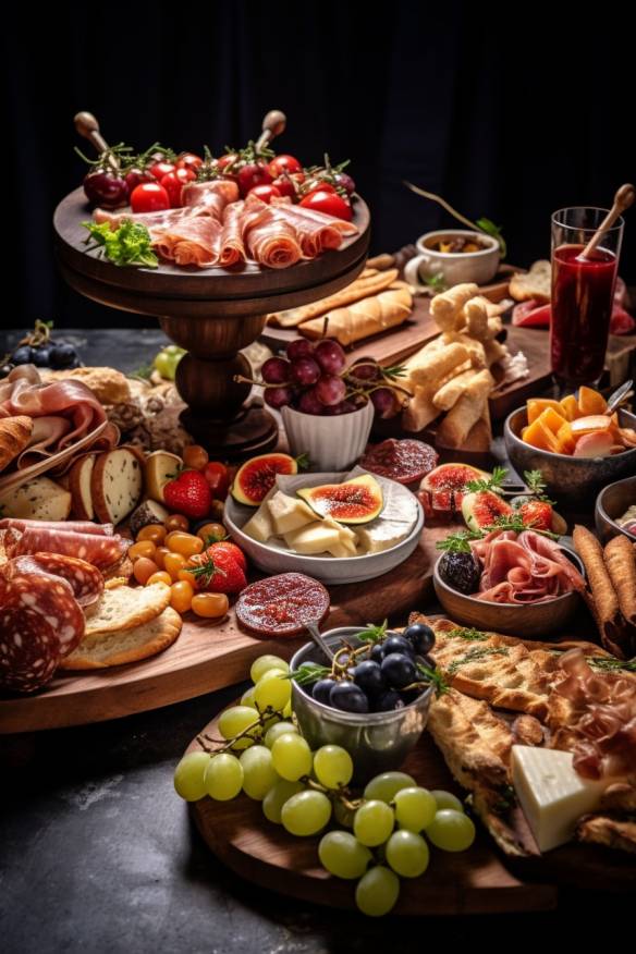 Mediterranes Fingerfood-Buffet für eine Weinprobe mit verschiedenen kalten Snacks.