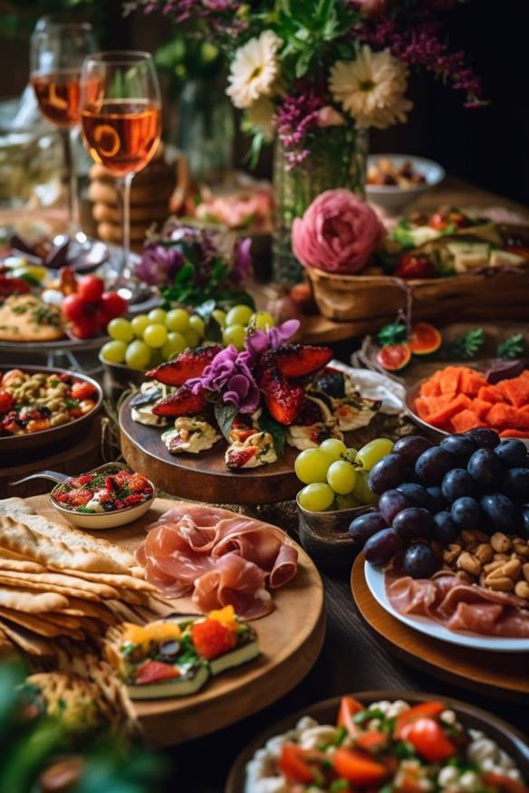 Mediterranes Fingerfood-Buffet für eine Weinprobe mit verschiedenen kalten Snacks.