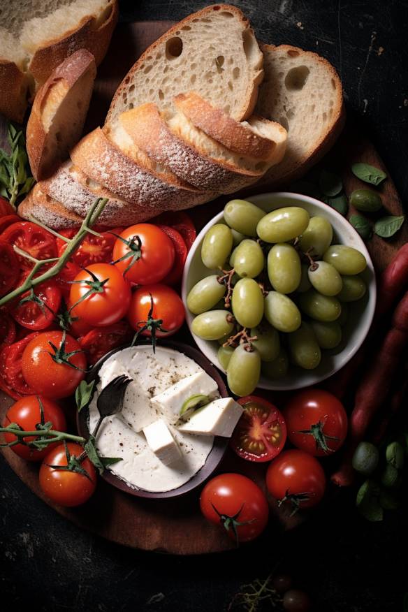 Mediterranes Fingerfood mit Baguette, Tomaten, Gurken, Paprika, Oliven und Feta-Käse