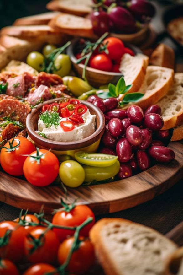 Mediterranes Fingerfood mit Baguette, Tomaten, Gurken, Paprika, Oliven und Feta-Käse