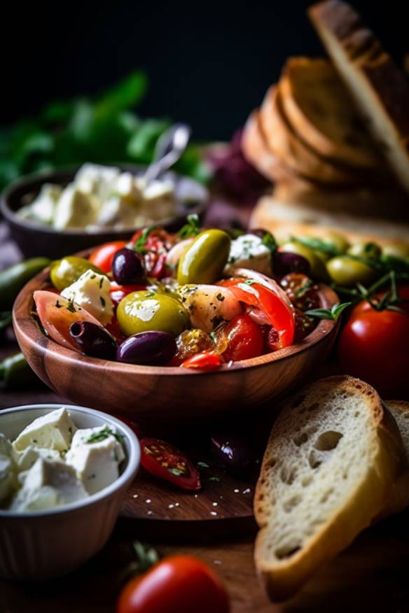 Mediterranes Fingerfood mit Baguette, Tomaten, Gurken, Paprika, Oliven und Feta-Käse