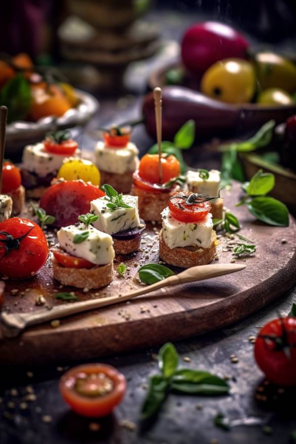 Mediterranes Fingerfood mit Gemüse und Feta.