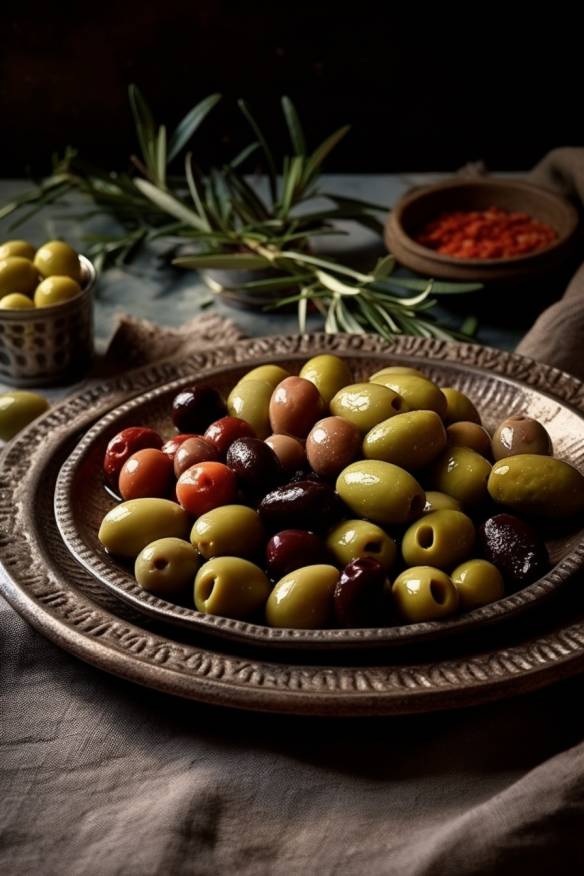 Mediterrane Oliven-Häppchen auf einem Teller angerichtet.