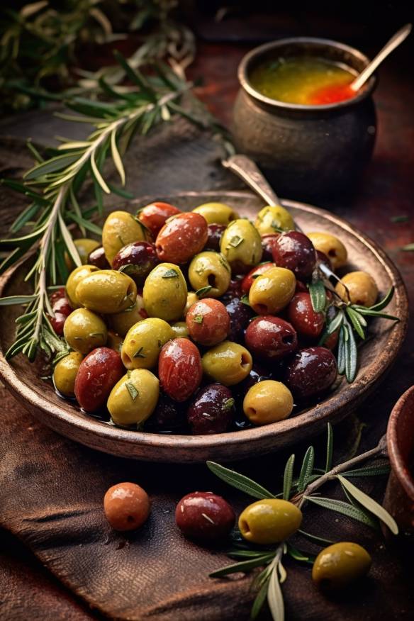 Mediterrane Oliven-Häppchen auf einem Teller angerichtet.