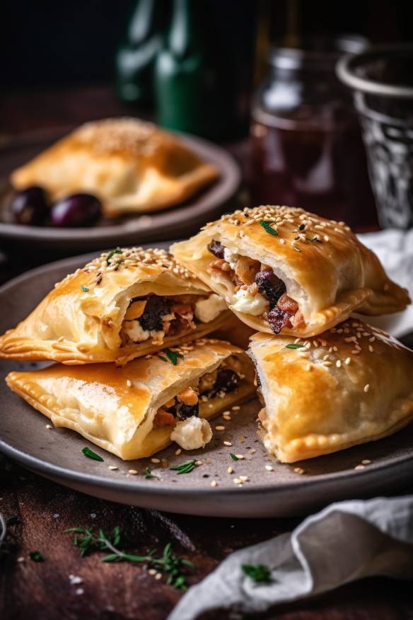 Mediterrane Oliven-Feta-Taschen auf einem Teller