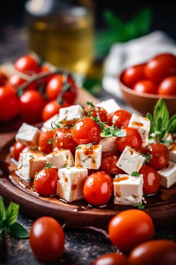 Mediterrane Party-Snacks mit Schafskäse und Tomaten.